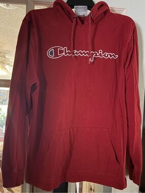 Champion Red Crewneck Hoodie with Script Logo